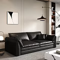 Black Leather Two Seater Sofa in Modern Interior with Abstract Painting Pendant Lamp and Bookshelf