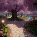 Scenic Pink Cherry Blossom Garden With Winding Stone Path Lamp Post And Stream