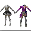 Two Character Outfits With White Gold Armor And Purple Costume Design Elements