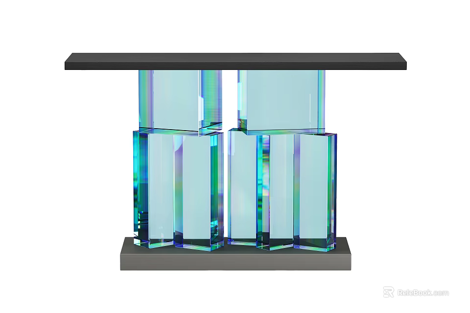 Contemporary Entryway Side Cabinet With Transparent Glass Blue Green Gradient Layered Structure And Black Top 3d model 