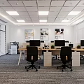 Modern Public Office Space With Desks Computers Task Chairs Wall Posters And Ceiling Lights 3d model