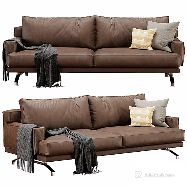 Modern Brown Leather Two Seater Sofa With Decorative Pillows Throw Blanket And Metal Legs 3d model 
