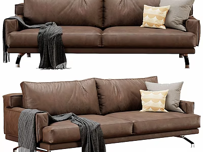 Modern Brown Leather Two Seater Sofa With Decorative Pillows Throw Blanket And Metal Legs 3d model