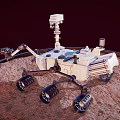 Mars Rover Scientific Exploration Vehicle With Mechanical Arm And Solar Panels On Simulated Martian Surface