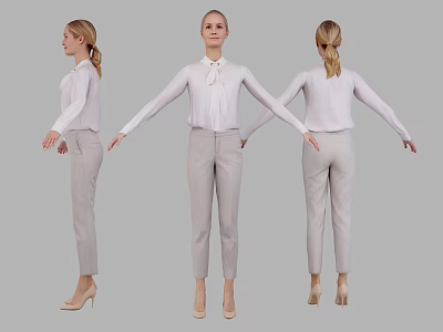 Three Quarter Views of Woman in White Blouse and Gray Pants with High Heels 3d model