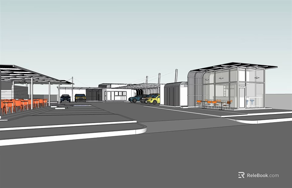 Modern Commercial Plaza Exterior With Covered Parking And Glass Structures 3d model 