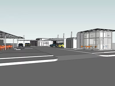 Modern Commercial Plaza Exterior With Covered Parking And Glass Structures 3d model