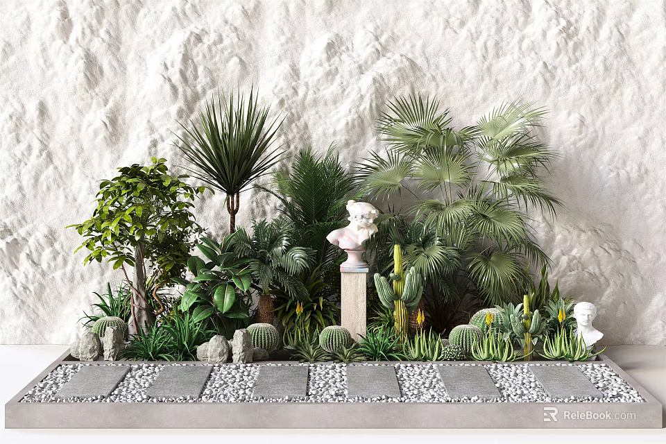 Assorted Flowers And Green Plants With Decorative Statues On Stone Pathway Against Stone Wall 3d model 
