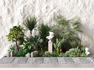 Assorted Flowers And Green Plants With Decorative Statues On Stone Pathway Against Stone Wall 3d model