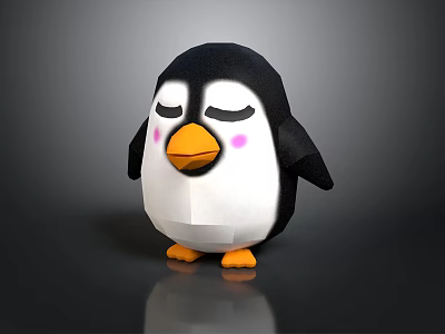 Adorable Cartoon Penguin With Closed Eyes Pink Cheeks Yellow Beak And Feet On Dark Background 3d model