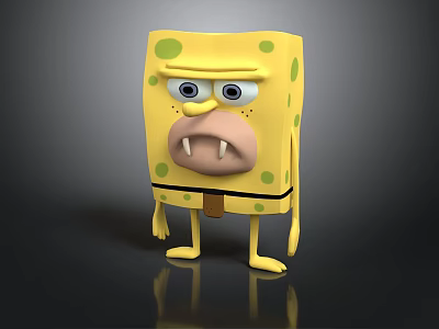Yellow Square Character With Green Spots Big Eyes And Sharp Teeth In Standing Pose 3d model