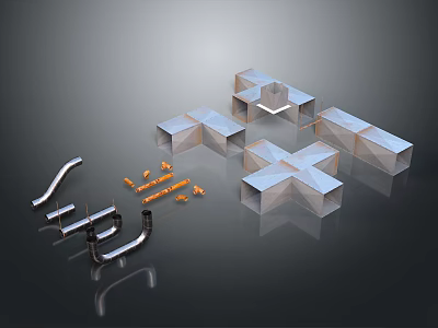 Practical Metal Parts Including Square Blocks Curved Tubes And Orange Screws For Daily Use 3d model