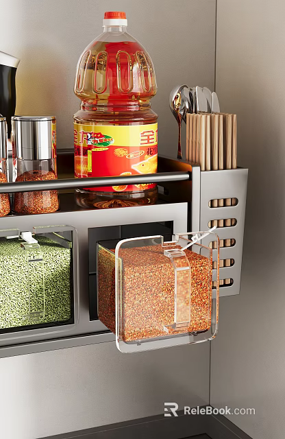 Organized Spice Bottles on Stainless Steel Kitchen Rack with Storage Containers 3d model 