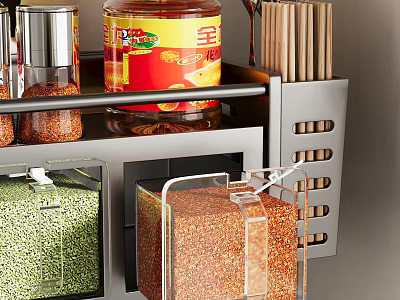 Organized Spice Bottles on Stainless Steel Kitchen Rack with Storage Containers 3d model