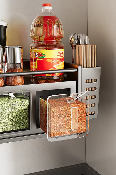 Organized Spice Bottles on Stainless Steel Kitchen Rack with Storage Containers 3d model