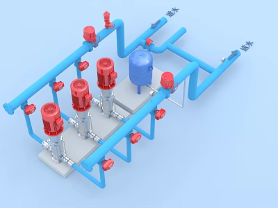 Industrial Equipment Piping System With Red Pumps Blue Tank And Control Valves 3d model