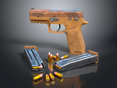 Modern Semi Automatic Pistol With Brown Grip Metal Magazines And Bullets 3d model