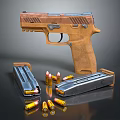 Modern Semi Automatic Pistol With Brown Grip Metal Magazines And Bullets 3d model