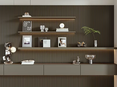 Modern Bookcase On Dark Slat Wall With Books And Decor 3d model