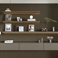 Modern Bookcase On Dark Slat Wall With Books And Decor