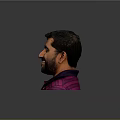 Man with short black hair and beard wearing purple striped polo shirt against gray background