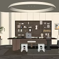 Modern Study Interior With Wooden Desk Wall Bookshelves Books Decorative Items and Round Ceiling Light
