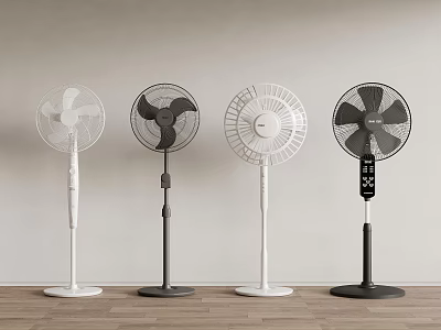 Modern Standing Electric Fans with Different Color Blades and Base Designs 3d model