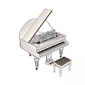 Elegant White Piano With Ornate Carving And Wooden Stool For Musical Instruments And Art Supplies