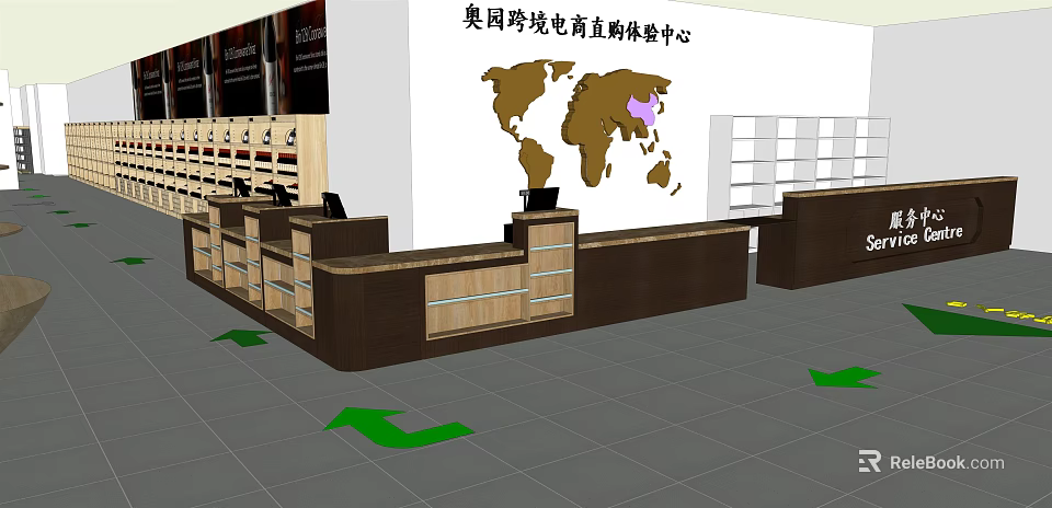 Supermarket Cross-border E-commerce Direct Purchase Experience Center With World Map Checkout Counters Shelves Green Arrows 3d model 