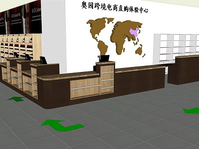 Supermarket Cross-border E-commerce Direct Purchase Experience Center With World Map Checkout Counters Shelves Green Arrows 3d model