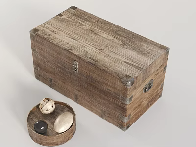 Rustic Wooden Chest With Vintage Wood Grain Metal Hardware And Decorative Stones 3d model