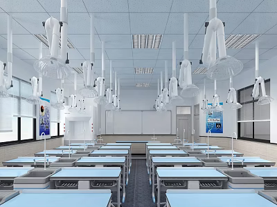 Modern Laboratory Interior with Neatly Arranged Lab Tables and Fume Hoods Hanging Lights and Windows 3d model