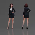 Professional Woman in Black Suit Skirt and High Heels Front Back View