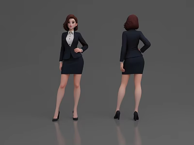 Professional Woman in Black Suit Skirt and High Heels Front Back View 3d model