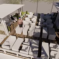 Modern Outdoor Leisure Area With White Building Structure Spiral Staircase White Furniture And Green Plants