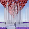 Vibrant Red Geometric Garden Art Installation With Palm Trees And Purple Flower Field