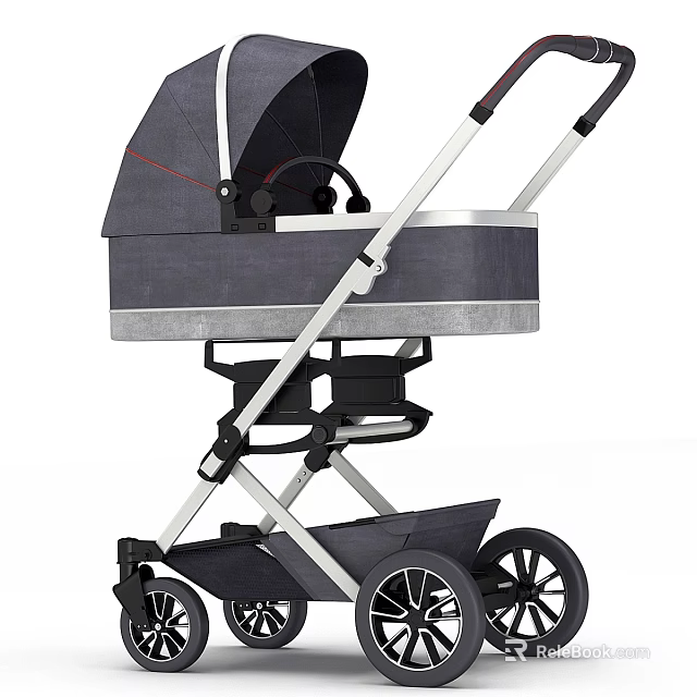 Gray Stroller With Canopy Metal Frame Black Wheels And Storage Basket 3d model 