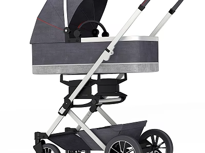 Gray Stroller With Canopy Metal Frame Black Wheels And Storage Basket 3d model