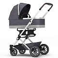 Gray Stroller With Canopy Metal Frame Black Wheels And Storage Basket 3d model