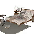 Double Bed with Wooden Wavy Headboard White Bedding Side Table Lamp Armchair and Carpet
