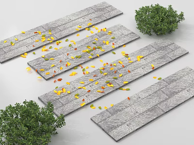 Rockery Stones With Gray Stone Path Fallen Leaves And Green Shrubs 3d model