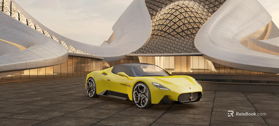 Yellow Sports Car With Sleek Exterior Design Parked Near Modern Architectural Structure 3d model 