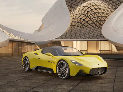 Yellow Sports Car With Sleek Exterior Design Parked Near Modern Architectural Structure 3d model