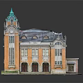 European Architecture Model Featuring Yellow Facade Green Spire Arched Windows And Ornate Details