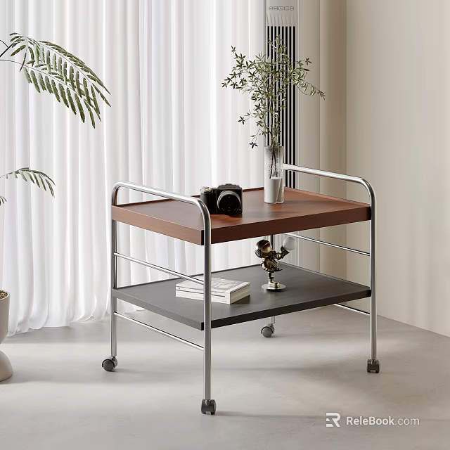 Side Table Wooden Top Metal Frame Two Tier with Wheels Camera Vase Books Decor 3d model 
