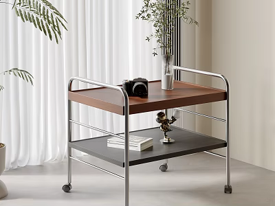Side Table Wooden Top Metal Frame Two Tier with Wheels Camera Vase Books Decor 3d model