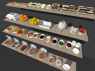 Assorted Food Display With Multiple Shelves And Various Dishes Fruits And Sauces 3d model