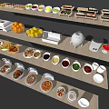 Assorted Food Display With Multiple Shelves And Various Dishes Fruits And Sauces