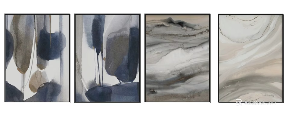 Abstract Ink Paintings With Black White Gray Tones And Mountain Water Elements For Wall Decor 3d model 