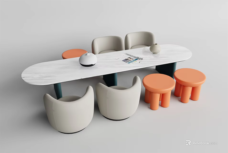 Kids Table with White Marble Top Light Gray Chairs and Orange Stools 3d model
